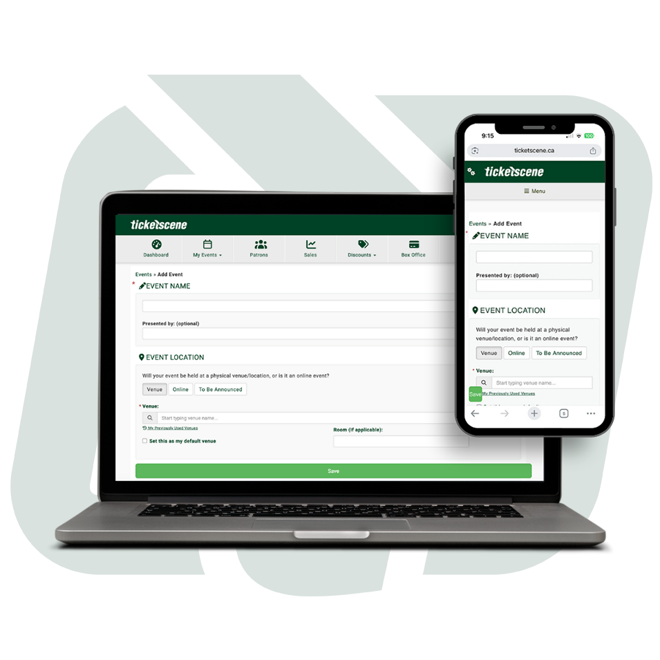 Ticketscene website on smartphone device, tablet, laptop and desktop